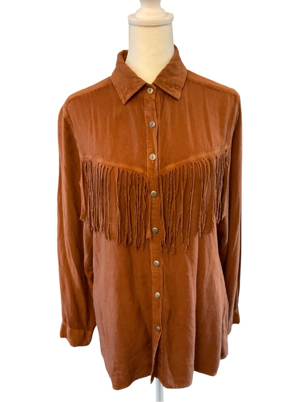 Back in the Saddle rust-brown fringe  button-down long western shirt women’s L